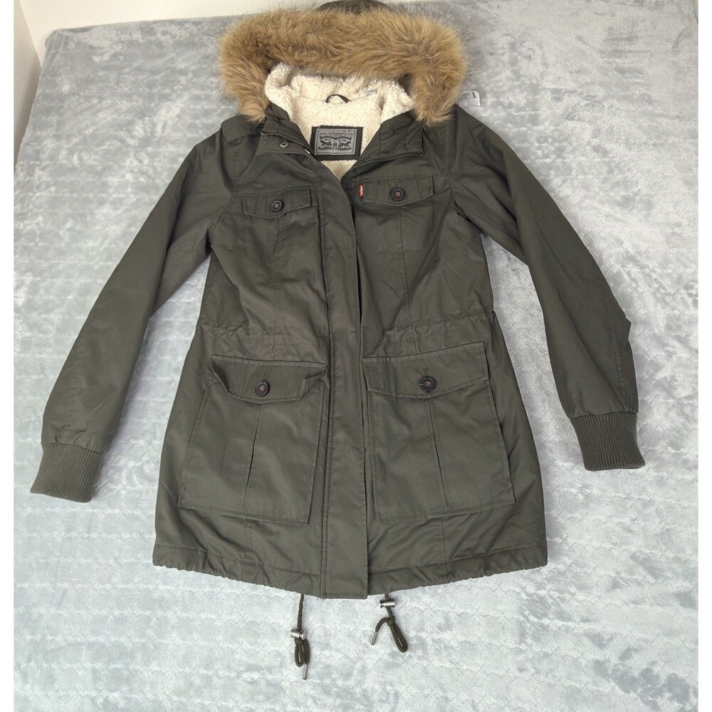 Women Levi Faux Fur Hooded Sherpa-Lined Military Parka Jacket Olive Green Small